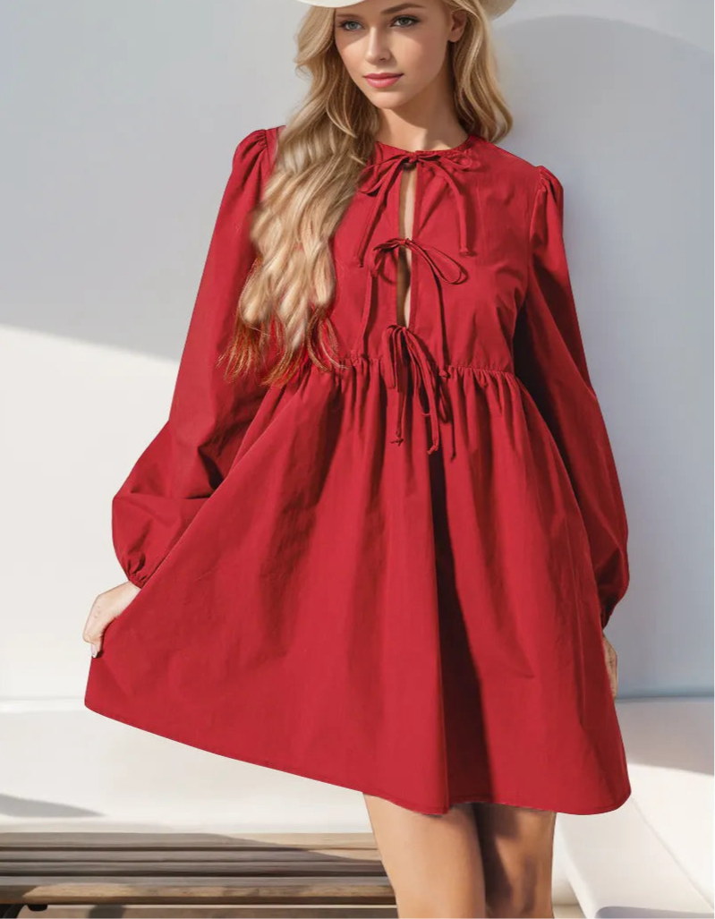 Double Take Christmas Front Tied Long Sleeve Mini Dress